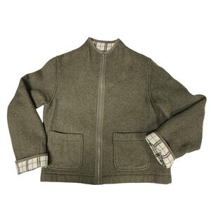 Womens Olive Green Zip-Up Wool blend Jacket with Plaid Lining zip up jacket PM